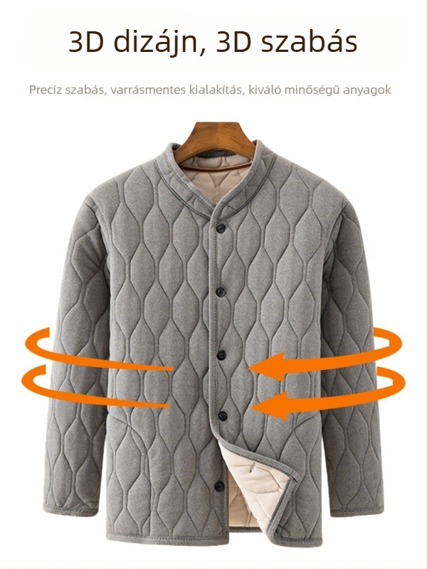 Középkorú és idősebb férfiak számára pamutkabát és nadrág szett fleece-béléssel, téli otthoni viselet.