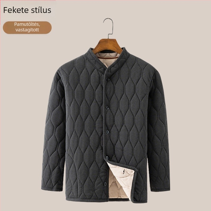 Középkorú és idősebb férfiak számára pamutkabát és nadrág szett fleece-béléssel, téli otthoni viselet.