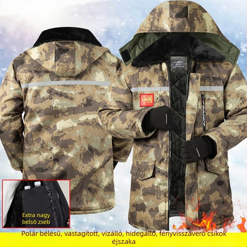 Téli munkás kabát camuflázzal, poliészter töltettel, vízálló, vastag, középhosszú, férfiak számára