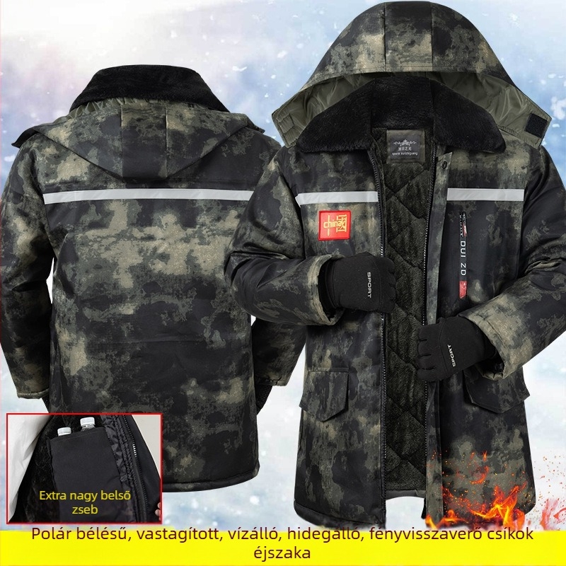 Téli munkás kabát camuflázzal, poliészter töltettel, vízálló, vastag, középhosszú, férfiak számára
