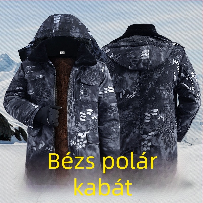 Téli munkás kabát camuflázzal, poliészter töltettel, vízálló, vastag, középhosszú, férfiak számára