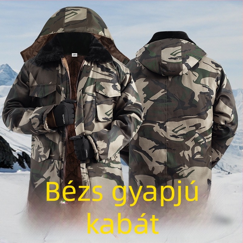 Téli munkás kabát camuflázzal, poliészter töltettel, vízálló, vastag, középhosszú, férfiak számára