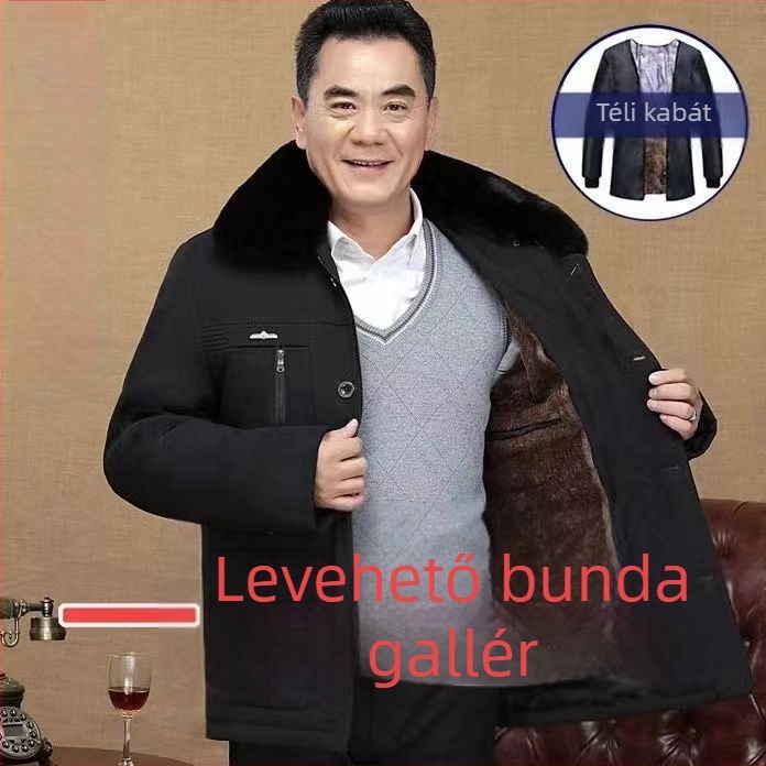 Téli férfi pamut töltésű dzseki fleece-béléssel, középhosszú, idős férfiaknak, levehető bélés