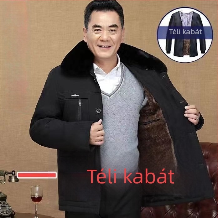 Téli férfi pamut töltésű dzseki fleece-béléssel, középhosszú, idős férfiaknak, levehető bélés