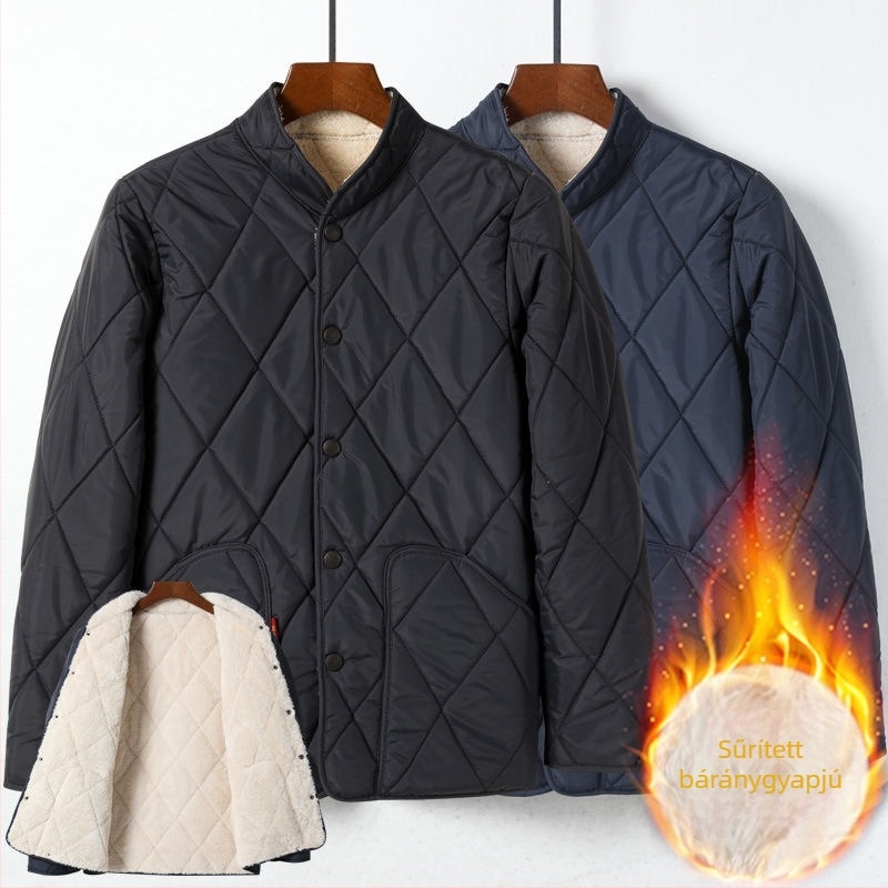 Férfi pamut kabát fleece béléssel, vastag téli kabát, laza szabás, egyszerű gombolás, álló gallér, sherpa bélés, patch zsebek, egyszínű