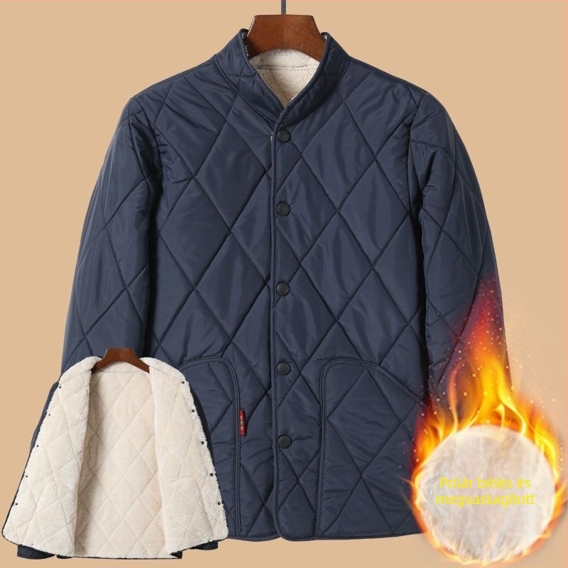 Férfi pamut kabát fleece béléssel, vastag téli kabát, laza szabás, egyszerű gombolás, álló gallér, sherpa bélés, patch zsebek, egyszínű