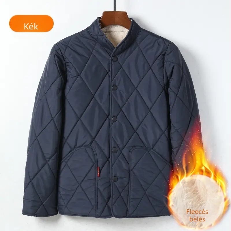 Férfi pamut kabát fleece béléssel, vastag téli kabát, laza szabás, egyszerű gombolás, álló gallér, sherpa bélés, patch zsebek, egyszínű