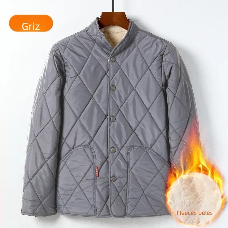 Férfi pamut kabát fleece béléssel, vastag téli kabát, laza szabás, egyszerű gombolás, álló gallér, sherpa bélés, patch zsebek, egyszínű