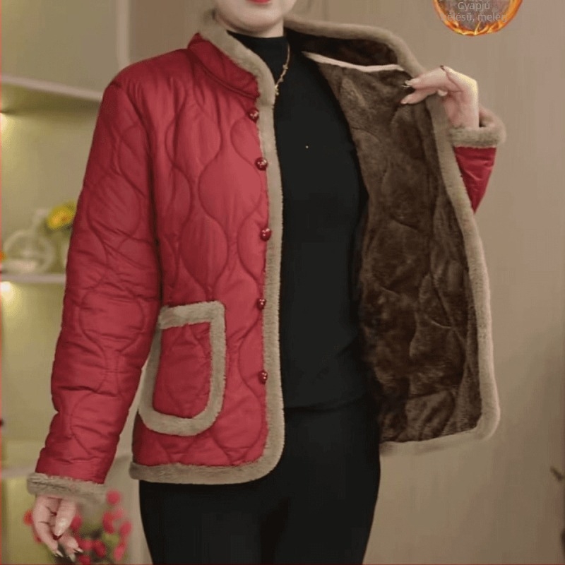 Új stílusú pamutkabát fleece-béléssel középkorú és idős nők számára, őszi-téli casual kabát