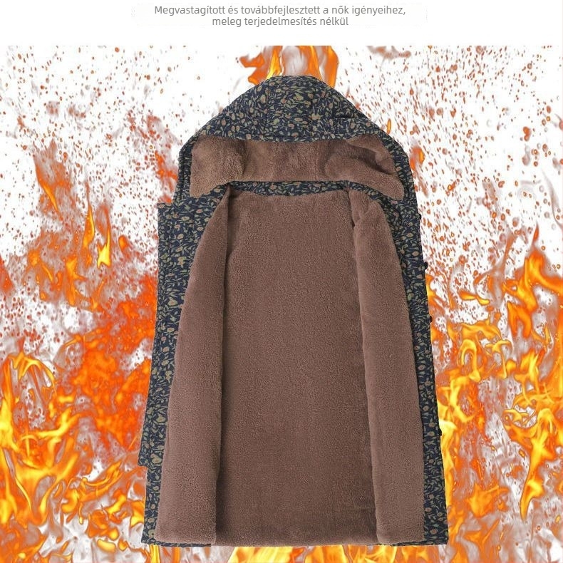 Női téli pamut-töltésű kabát fleece béléssel, kapucnival, vastag anyag, laza szabás, plusz méret, középhosszú