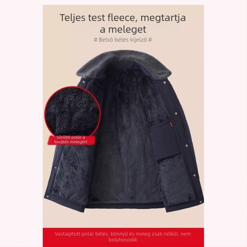 Középkorú és idősebb férfiak pamutkabát szőrme gallérral, lazán meleg polár plüss kabát, vastagított könnyű üzleti stílus