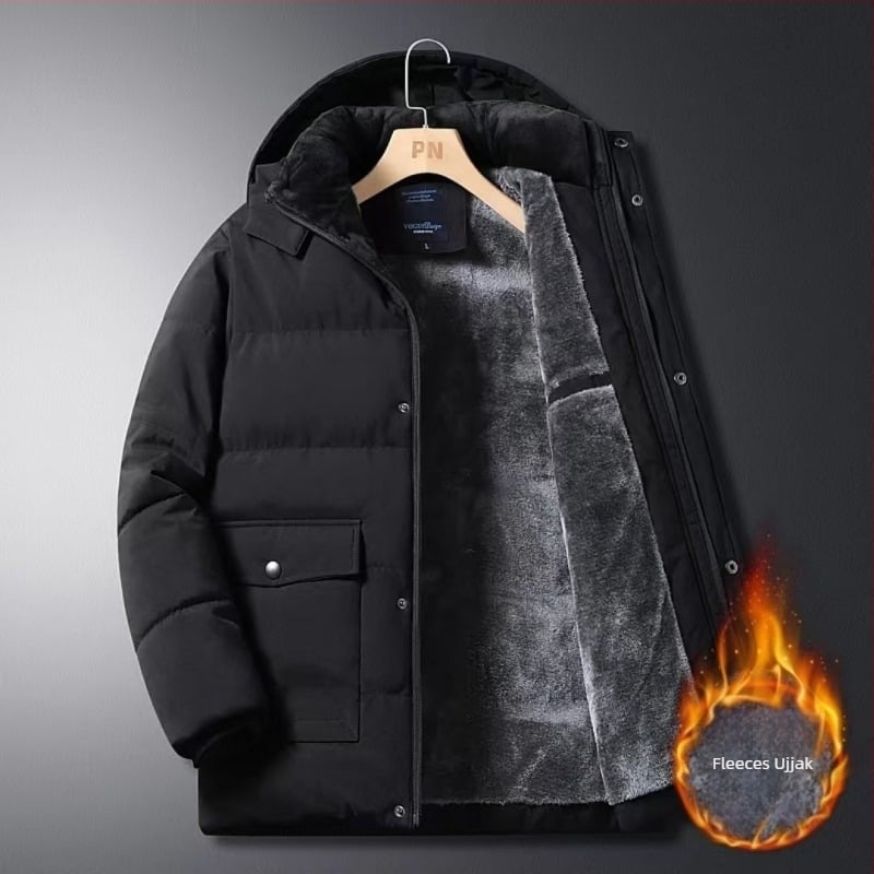 Férfi pamut dzseki fleece béléssel, kapucnival, cipzárral, egyszínű, középhosszú