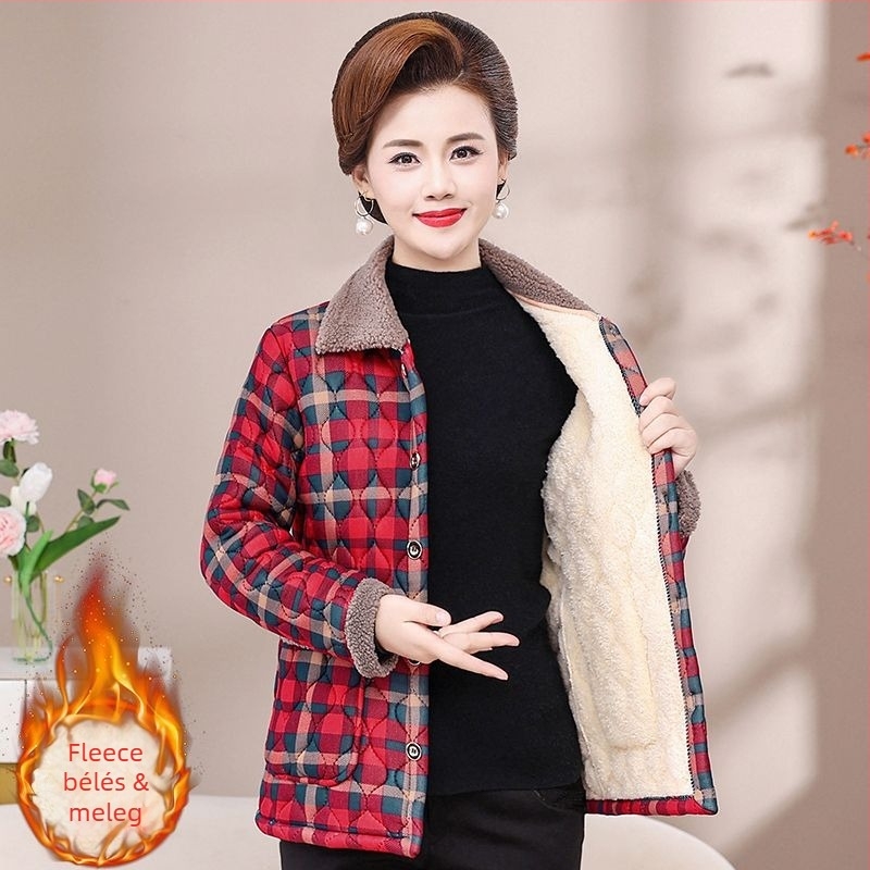 Középkorú és idősebb nők téli kabátja fleece-lével bélelt, vastag, galléros, rövid virágos pamutkabát.