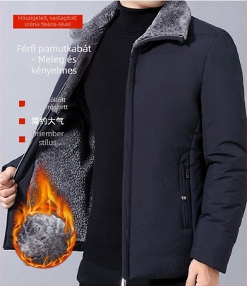 Férfi pamut-párnázott kabát fleece-béléssel, középméret, cipzáros záródás, rever gallér, egyszínű