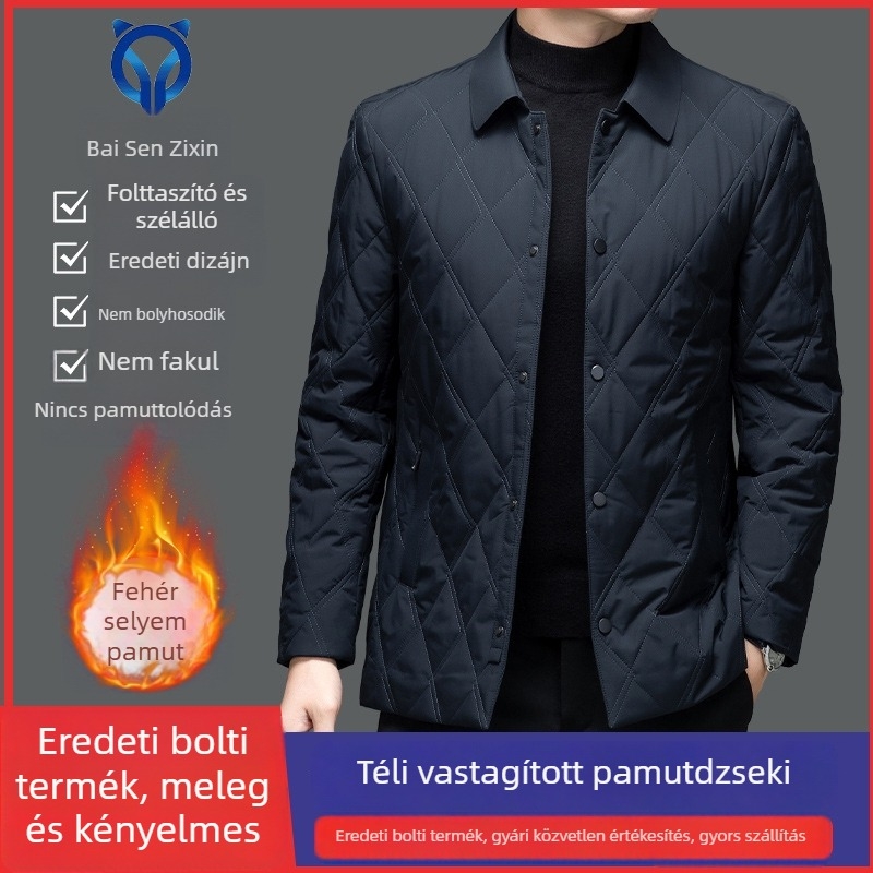 Középkorú és idősebb férfiak számára téli pamuttal tömött kabát, könnyű, meleg, patentos zárás, kiemelkedő minőség