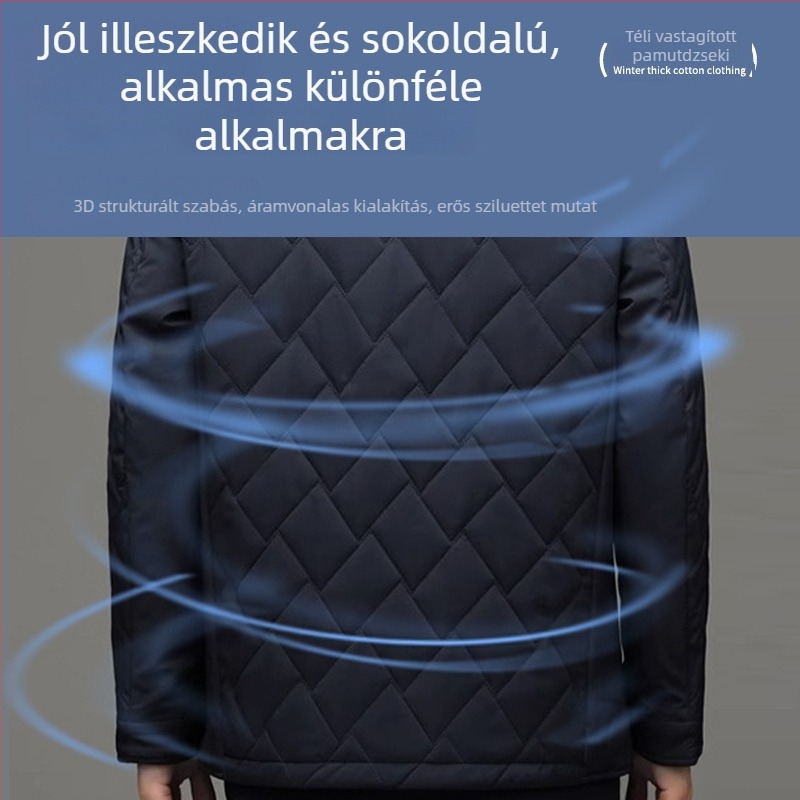 Középkorú és idősebb férfiak számára téli pamuttal tömött kabát, könnyű, meleg, patentos zárás, kiemelkedő minőség