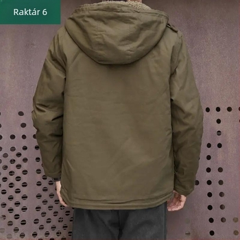 Férfi rövid kapucnis báránygyapjú kabát, laza szabású, meleg téli kabát fleece béléssel