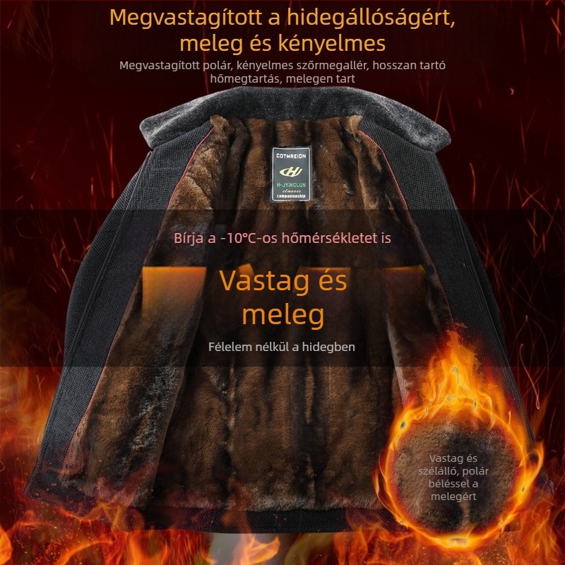 Középkorú férfiak téli gyapjúkabát fleece béléssel, vastag, cipzárral és praktikus zsebekkel.