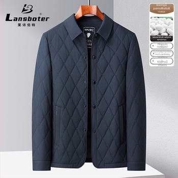 Férfi középmagasságú közepes hosszúságú pamut-párnázott kabát 20% mulberry silk töltettel, gallér, egyrészes gombolás, több zseb, téli viselet, testhez álló
