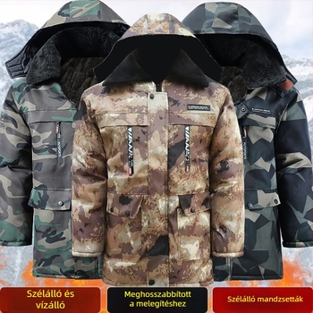 Téli kamuflázs pamut kabát fleece béléssel, vastag, vízálló és kopásálló, melegítő dzseki középkorú felnőtteknek