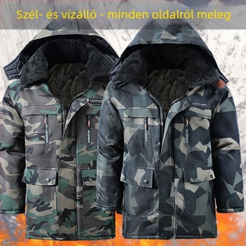 Téli kamuflázs pamut kabát fleece béléssel, vastag, vízálló és kopásálló, melegítő dzseki középkorú felnőtteknek