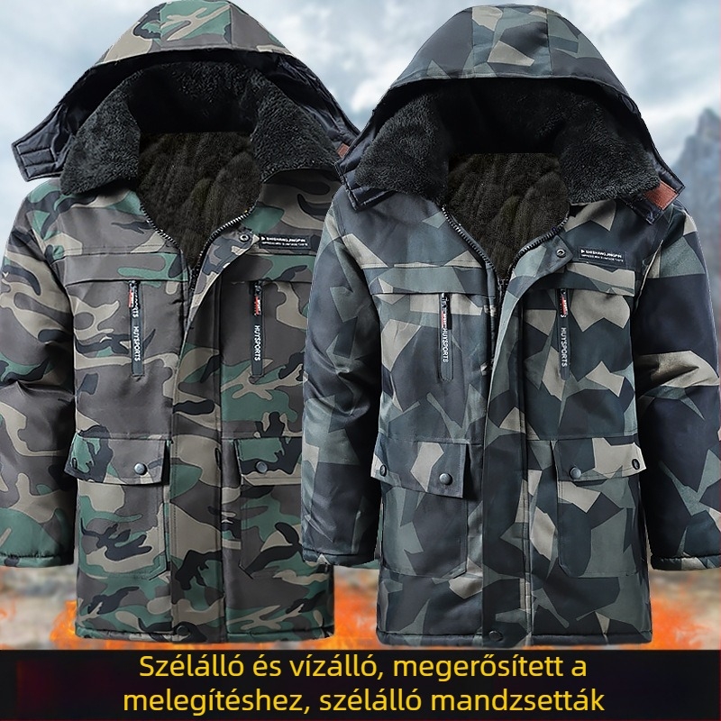 Téli kamuflázs pamut kabát fleece béléssel, vastag, vízálló és kopásálló, melegítő dzseki középkorú felnőtteknek