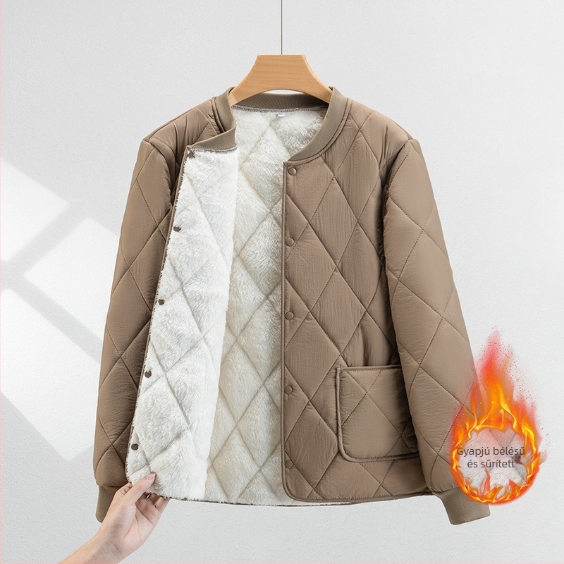 Rövid pamutkabát fleece bélésével, vastag és meleg téli ruházat, kapucni nélküli, álló gallér, zipzár, patch zsebek