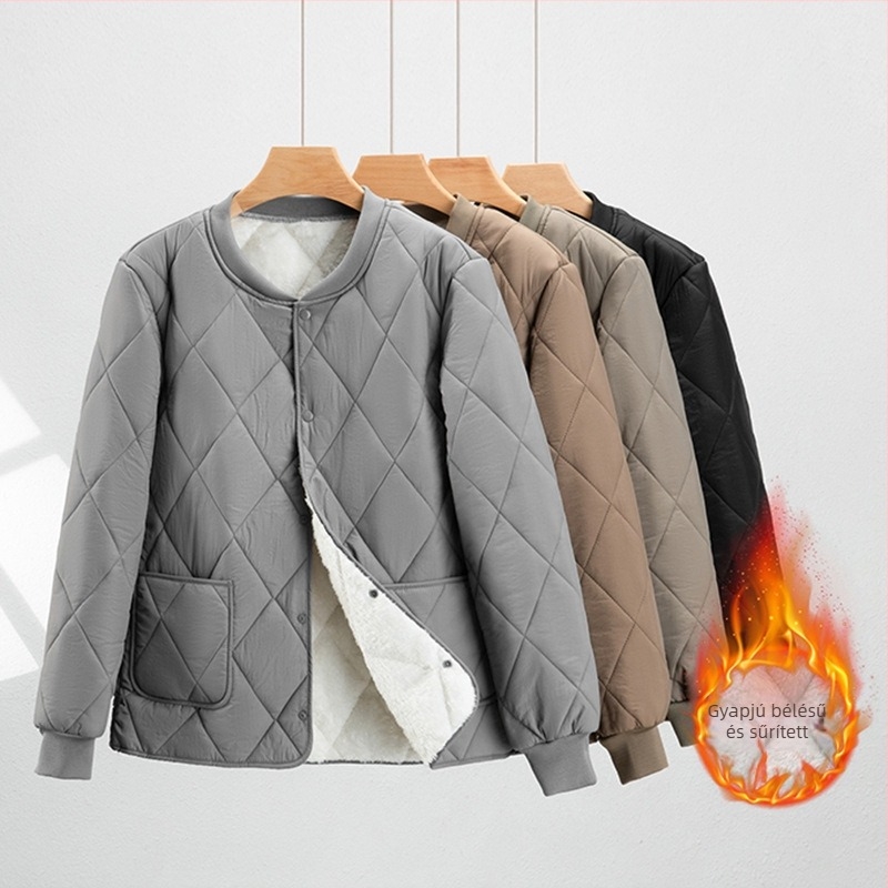 Rövid pamutkabát fleece bélésével, vastag és meleg téli ruházat, kapucni nélküli, álló gallér, zipzár, patch zsebek