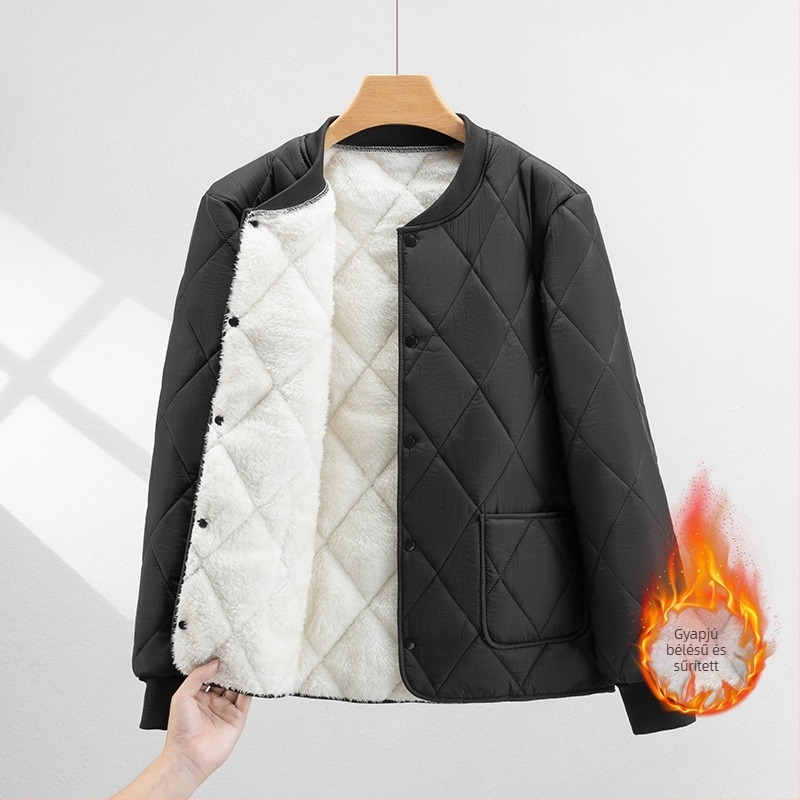 Rövid pamutkabát fleece bélésével, vastag és meleg téli ruházat, kapucni nélküli, álló gallér, zipzár, patch zsebek