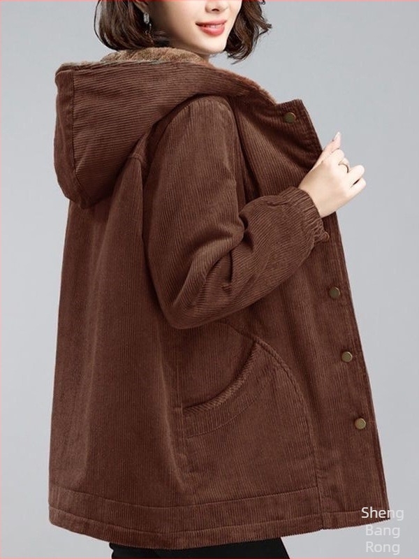 Corduroy dzseki fleece béléssel, vastag, laza szabású női kabát, 2025 tavasz-ősz