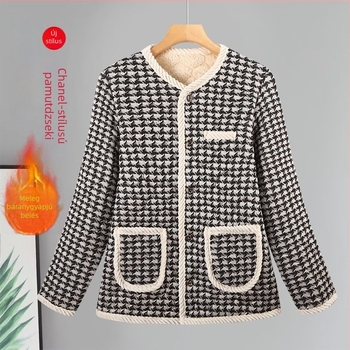 Új női téli pamutból készült bélelt kabát, Chanel-stílus, fleece belsővel és extra vastagsággal, elegáns otthoni viselet felnőtt nők számára