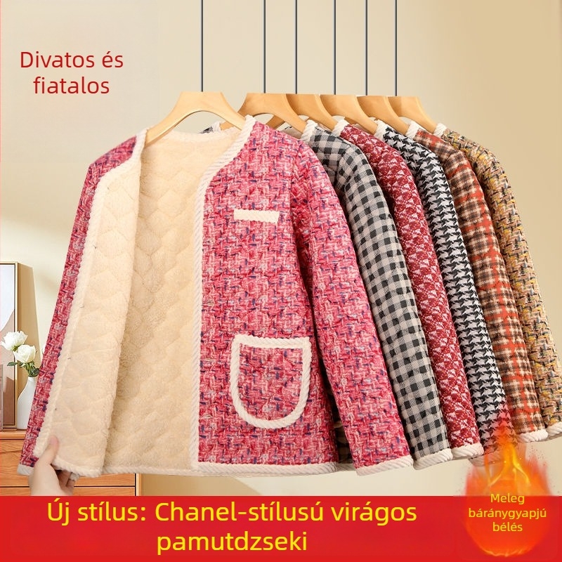 Új női téli pamutból készült bélelt kabát, Chanel-stílus, fleece belsővel és extra vastagsággal, elegáns otthoni viselet felnőtt nők számára