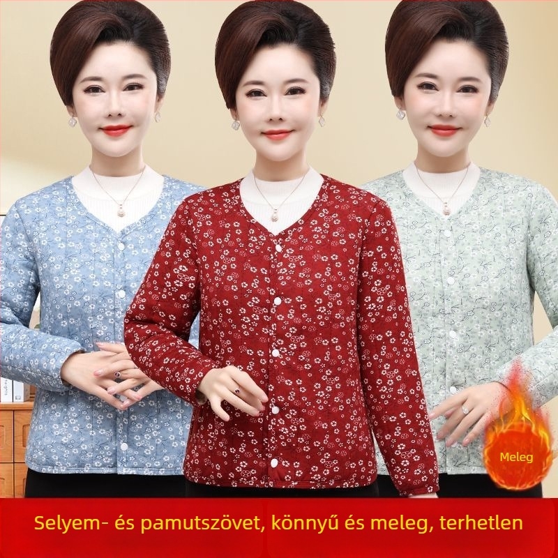 Női pamut bélelt kabát, rövid, lazán szabott, polo gallér, záródás egy sor gombbal, töltet selyem-pamut