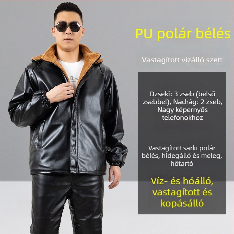 Férfi bőrkabát és nadrágszett fleece bélésével, vastag fazon, levehető kapucnival; vízálló, laza szabás télre.