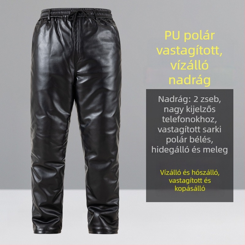 Férfi bőrkabát és nadrágszett fleece bélésével, vastag fazon, levehető kapucnival; vízálló, laza szabás télre.