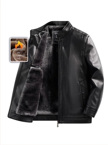 PU bőrdzseki középkorú férfiak számára, téli fleece bélés, cipzáras zárás, rever gallér, laza szabás