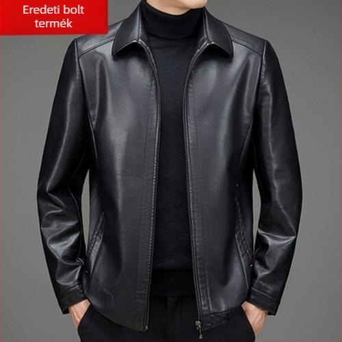 PU bőrdzseki középkorú férfiak számára, téli fleece bélés, cipzáras zárás, rever gallér, laza szabás