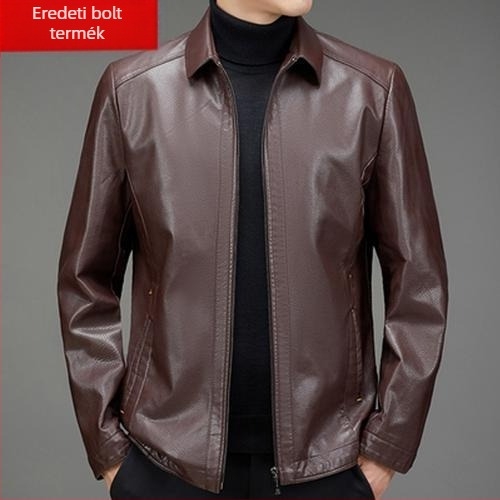 PU bőrdzseki középkorú férfiak számára, téli fleece bélés, cipzáras zárás, rever gallér, laza szabás