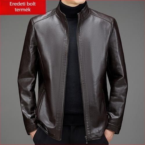 PU bőrdzseki középkorú férfiak számára, téli fleece bélés, cipzáras zárás, rever gallér, laza szabás