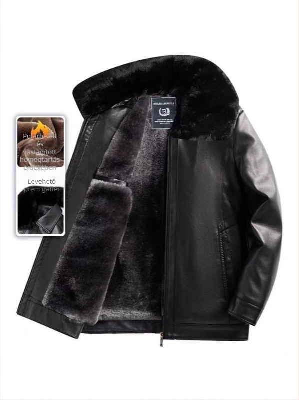PU bőrdzseki középkorú férfiak számára, téli fleece bélés, cipzáras zárás, rever gallér, laza szabás