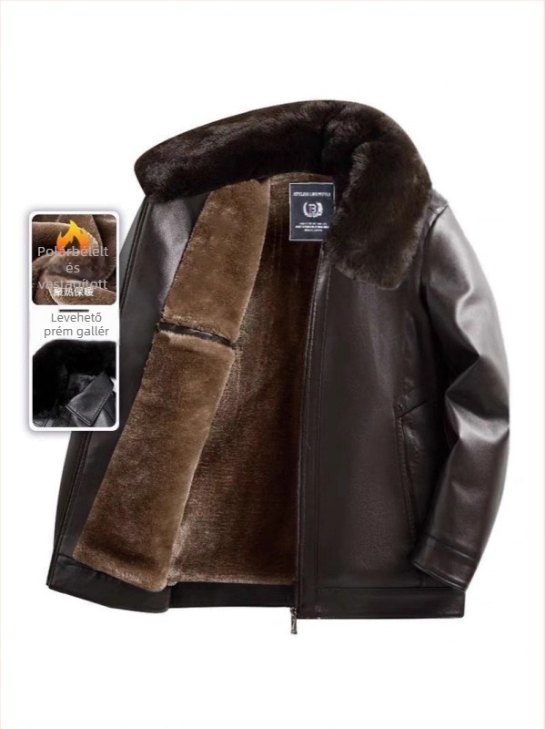 PU bőrdzseki középkorú férfiak számára, téli fleece bélés, cipzáras zárás, rever gallér, laza szabás