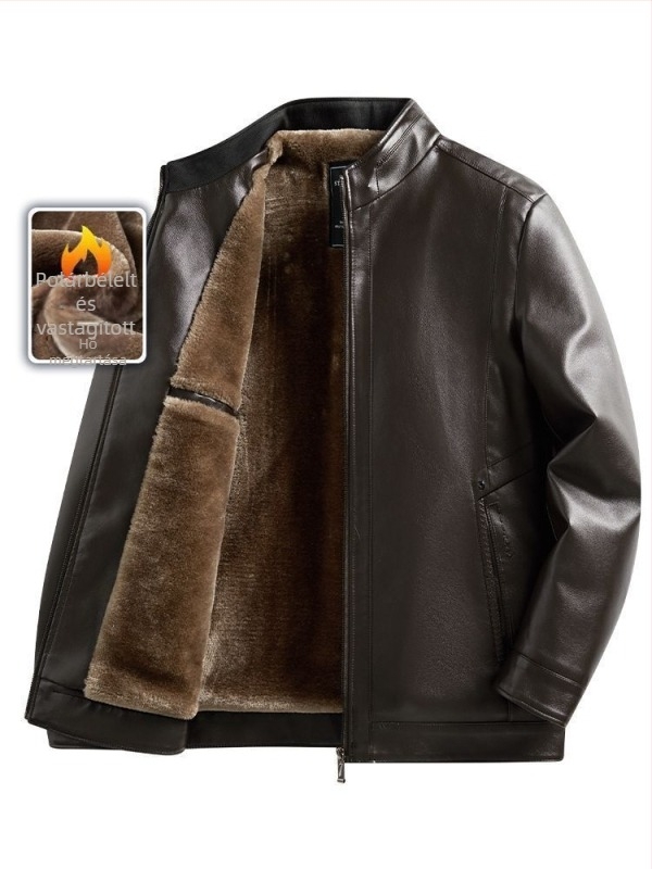 PU bőrdzseki középkorú férfiak számára, téli fleece bélés, cipzáras zárás, rever gallér, laza szabás