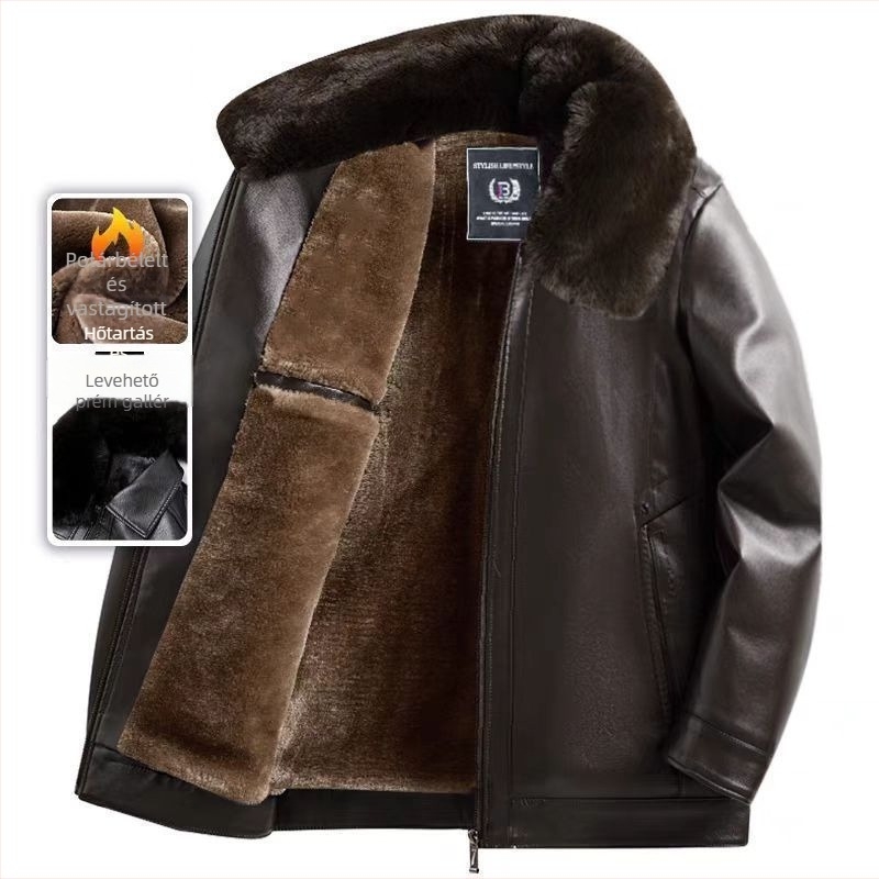 PU bőrdzseki középkorú férfiak számára, téli fleece bélés, cipzáras zárás, rever gallér, laza szabás
