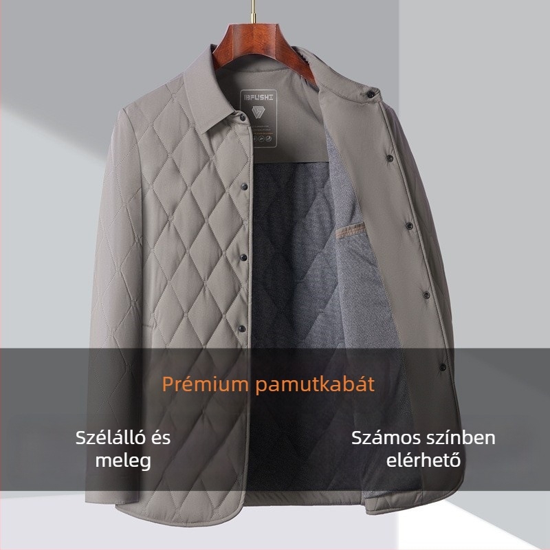 Férfi téli vastag pamutkabát gallérral — könnyű lux kardigán, testhezálló fazon, egysoros gombolás
