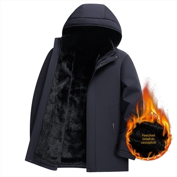 Férfi pamutkabát kapucnival, téli fleece-bélés, szélálló, cipzár elöl, levehető bélés