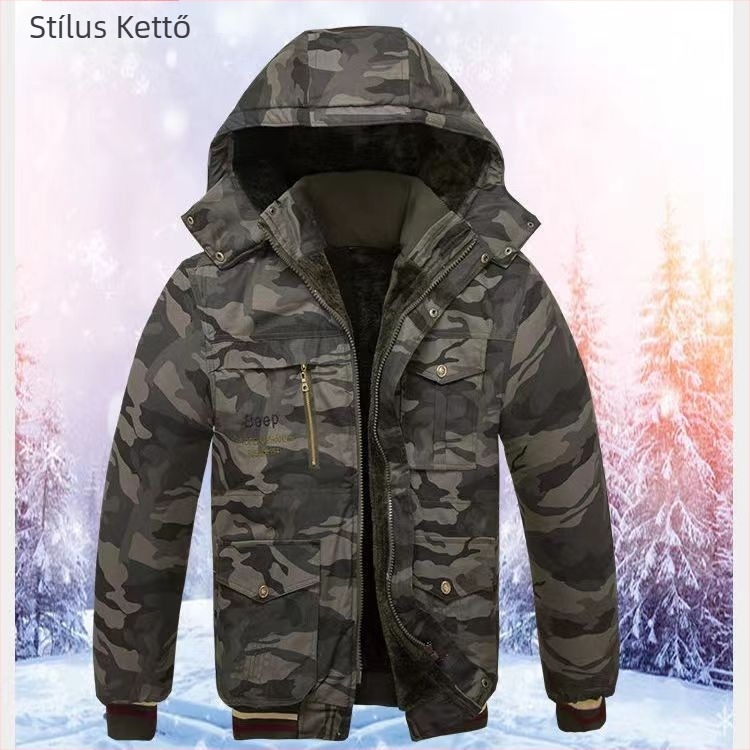 Férfi téli kamuflázás pamutdzseki fleece-béléssel, vastag, rövid fazon, szélvédett és hidegálló hegesztési munkákhoz