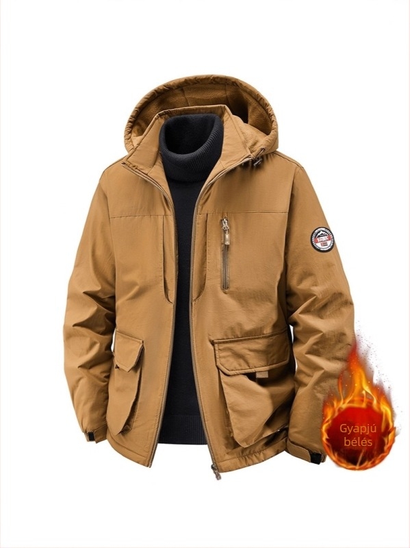 Fleece béléses kapucnis férfi dzseki, őszi-téli, lazán szabott, nagy méret