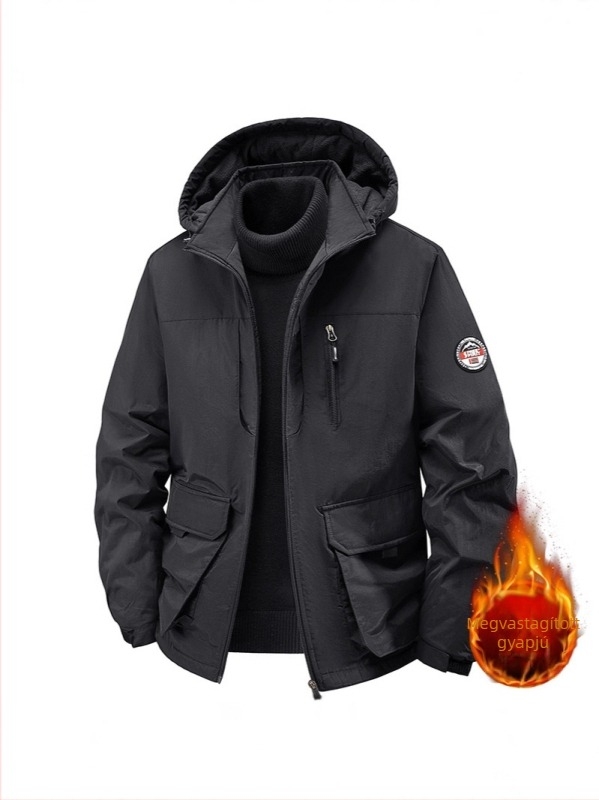 Fleece béléses kapucnis férfi dzseki, őszi-téli, lazán szabott, nagy méret