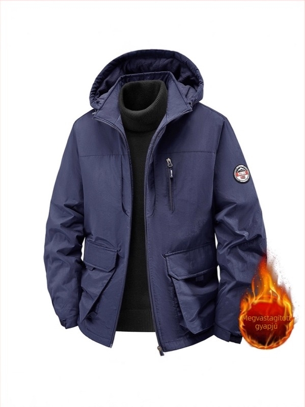 Fleece béléses kapucnis férfi dzseki, őszi-téli, lazán szabott, nagy méret