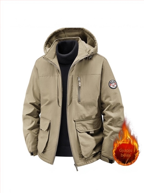 Fleece béléses kapucnis férfi dzseki, őszi-téli, lazán szabott, nagy méret